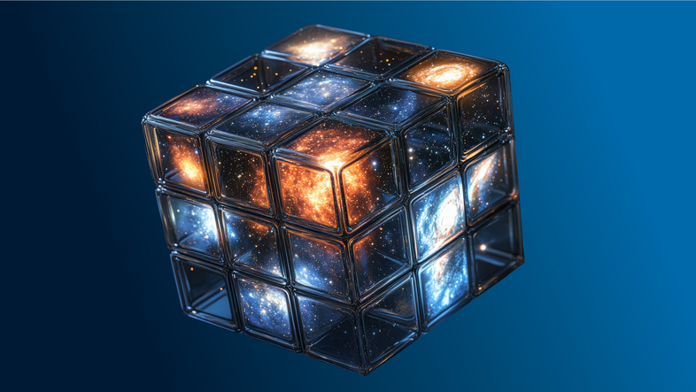 Illustration eines Rubik's Cubes in Weltraum-Optik vor blauem Hintergrund